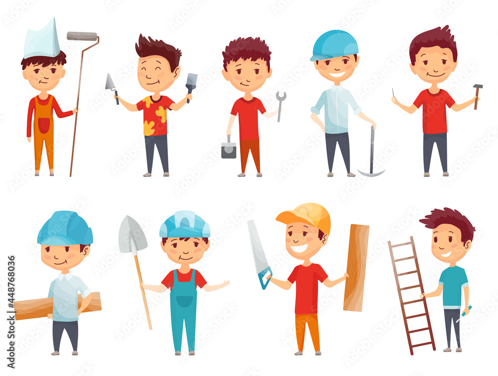 Kids builders. Little boys in builder work suit, children in construction helmet and engineering costumes. Little builders character. Cartoon isolated  icons set