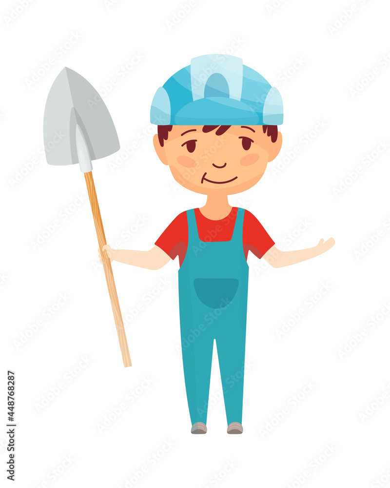 Kid builder. Little worker in helmet. Children with construction shovel making job. Working builder in blue helmet. Funny kid teamwork and kid engineer build house