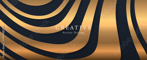 Premium background design with gold curve line pattern on black backdrop. Vector horizontal template for business banner, formal invitation, luxury voucher, prestigious gift certificate
