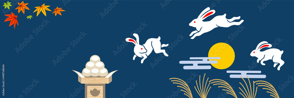 十五夜イメージイラスト 跳ねる三羽のウサギと和の背景 青色 Stock Vector Adobe Stock