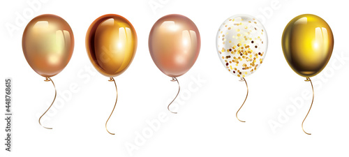 Gold balloons isolated on white. Transparent ballon with gold confetti. Inflatable air flying balloon realistic 3D vector illustration.