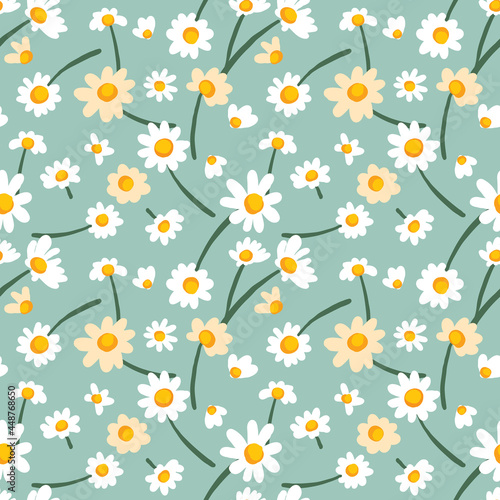 Seamless Pattern with Hand Drawn Flower Design on Green Background