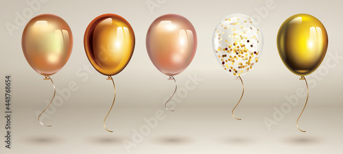 Gold balloons set. Birthday balloon set. Inflatable air flying balloon realistic 3D vector illustration.