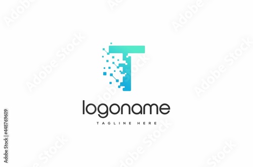 flying pixel logo letter T, pixel logo, technology logo, glitter technology logo
