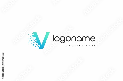 flying pixel logo letter V, pixel logo, technology logo, glitter technology logo