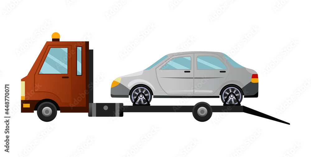 Tow truck. Cool flat towing truck with broken car. Road car repair service assistance vehicle with damaged or salvaged car