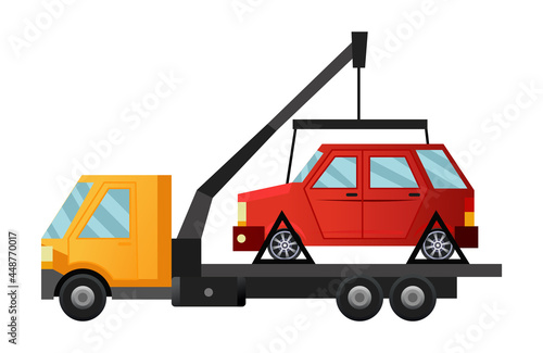 Tow truck. Cool flat towing truck with broken car. Road car repair service assistance vehicle with damaged or salvaged car