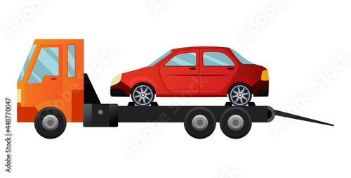Tow truck. Cool flat towing truck with broken car. Road car repair service assistance vehicle with damaged or salvaged car
