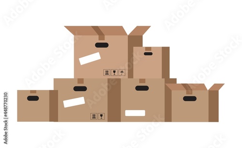A set of cardboard boxes with labels. Illustration in flat style.