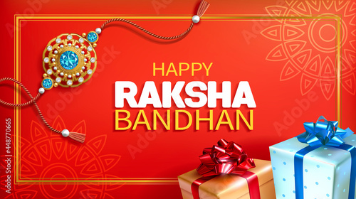 Greeting banner with rakhi (bracelet), and gifts for Raksha Bandhan (Bond of protection and care) – Indian festival of sisters and brothers. Vector illustration.