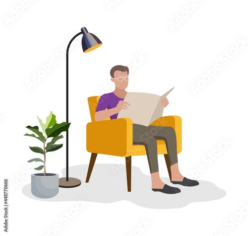 A man sits in a chair and reads a newspaper. Illustration in flat style.