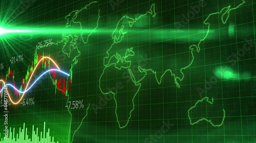 3D Motion of red green candle stick graph chart of stock market trading with animated world map background, Bullish Bearish stock point. Economy trend charts for business. Financial investment concept