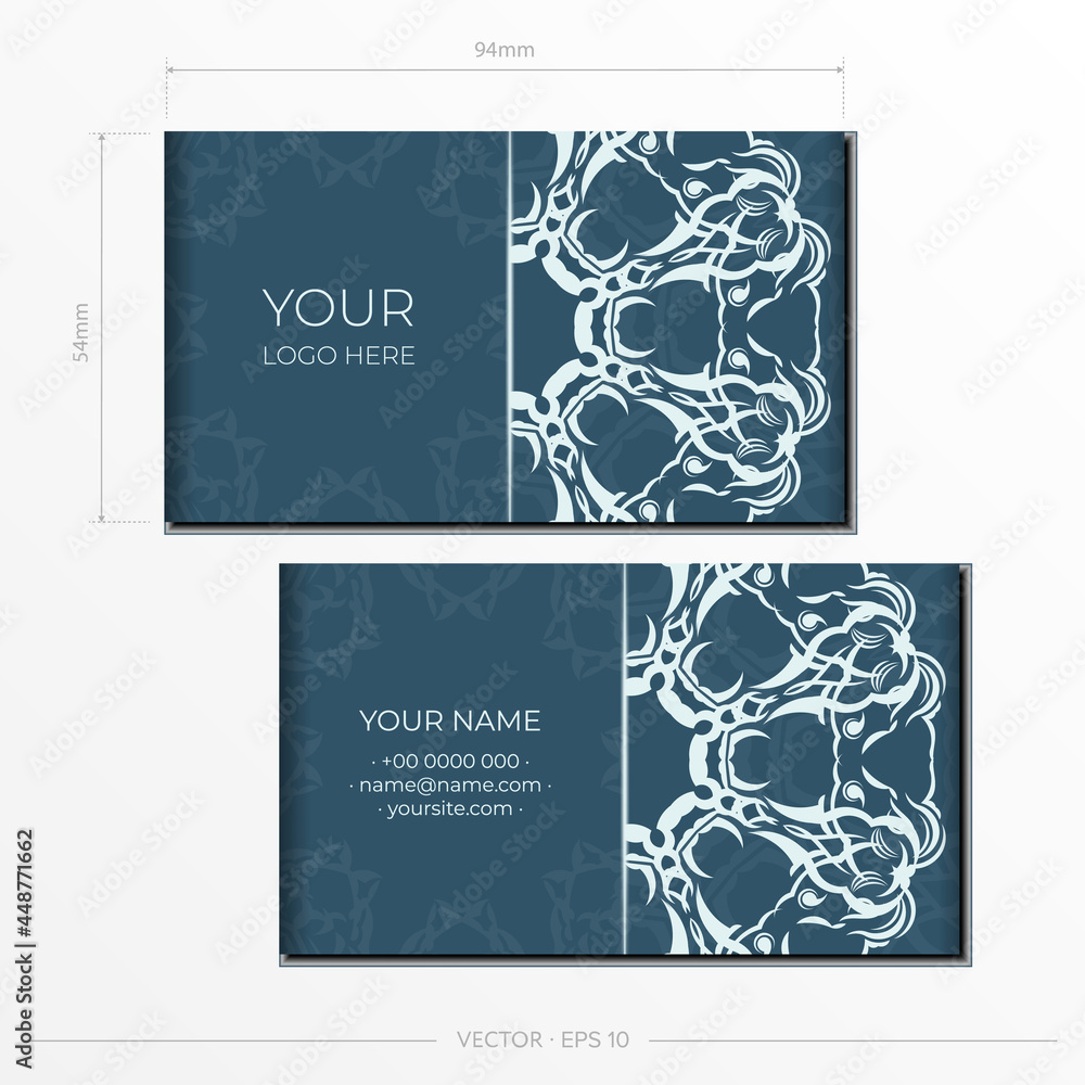 Business cards in Blue with luxurious light ornaments. Business card design with vintage patterns.