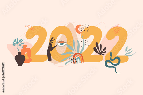 New year 2022 greeting card in pastel colors. Boho drawing abstract with evil eye, leaf, rainbow, hand magic, moon, snake, pottery. Template for New 2022 Year, gift tag, calendar, Stickers, Invitation