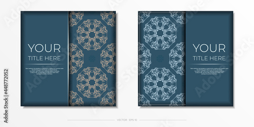 Blue square postcards with luxurious light patterns. Invitation card design with vintage ornament.