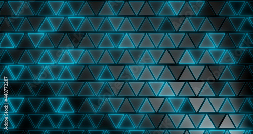 Gray triangles glowing with blue light on a black background. Geometric abstract pattern. Beautiful decorative screensaver.