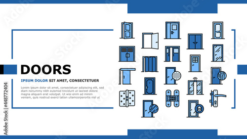 Interior Doors Types Landing Web Page Header Banner Template Vector. Swing, Sliding And Folding Doors, Veneer And Medium Density Fibreboard, Wooden And Metal Material Illustration