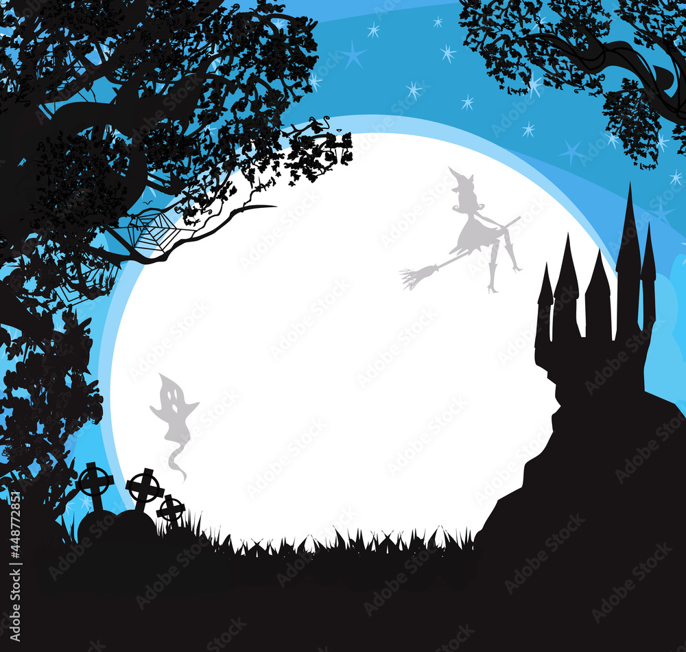 Witch flying on a broom in moonlight, frame with space for your text
