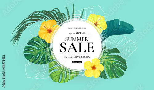 Floral summer design with hibiscus flowers and green monstera palm leaves. Round shape with space for text. Banner or flyer sale template, vector illustration.