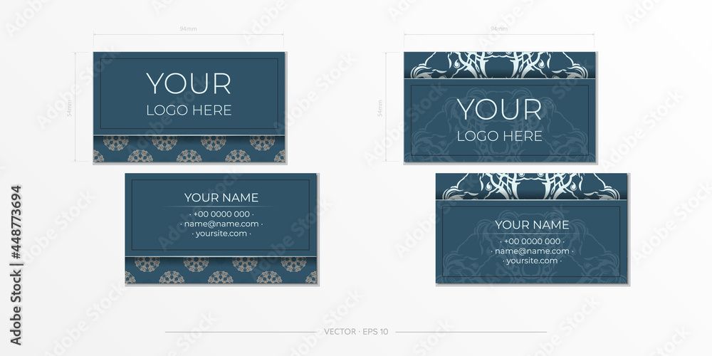 Vector Business Cards in Blue with luxurious light patterns. Business card design with vintage ornament.