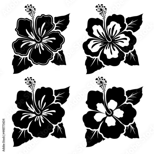 Set of black-white hibiscus flowers with leaves. Flat design elements. Vector illustration
