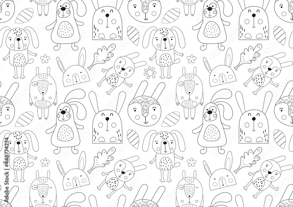 Coloring pages cute bunny seamless pattern. Woodland animals rabbit, hare. Vector illustration. Worksheets for kids. Coloring pages cute bunny seamless pattern. Woodland animals rabbit, hare. Vector illustration. Worksheets for kids.