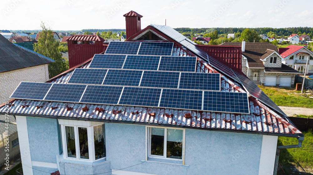 Solar panels placed on the roof of a residential, country house