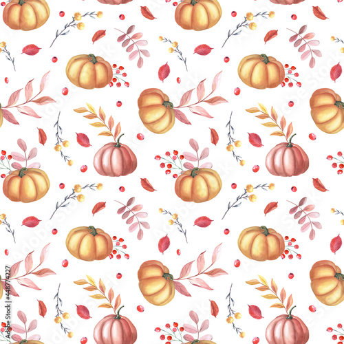 Watercolor red pumpkin and autumn brown leaves on white background. Garden seamless pattern.