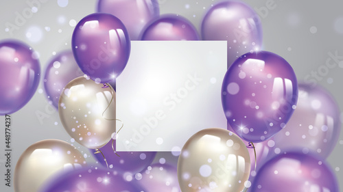 Flying pearl and ultraviolet balloons, with free space on the paper banner and blurred lighting glitters. Birthday background with purple balloons.