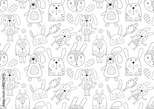 Coloring pages cute bunny seamless pattern. Woodland animals rabbit  hare. Vector illustration. Worksheets for kids.