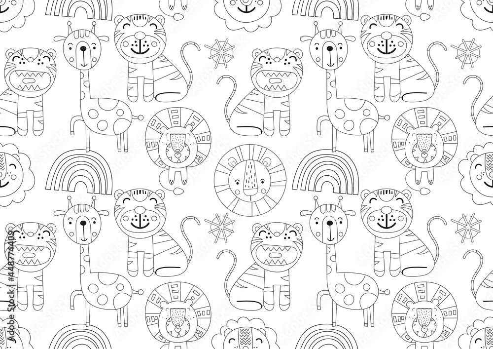 Cute coloring pages indoor seamless pattern. Safari animals tiger, lion, giraffe. Vector illustration. Painting for kids.