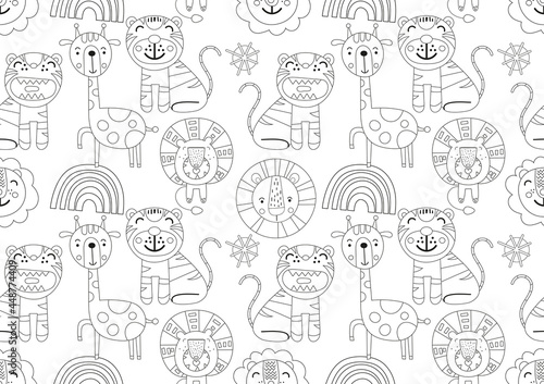 Cute coloring pages indoor seamless pattern. Safari animals tiger  lion  giraffe. Vector illustration. Painting for kids.