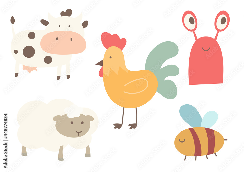 Cute animals clipart isolated set. Boho nursery prints – cow, sheep, bee, chicken, lobster. Kids vector illustration.