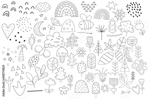 Fototapeta Naklejka Na Ścianę i Meble -  Forest woodland floral clipart isolated set. Scandinavian elements for kids design, nursery wall art. Vector illustration on white background. Black and white collection. Coloring page.