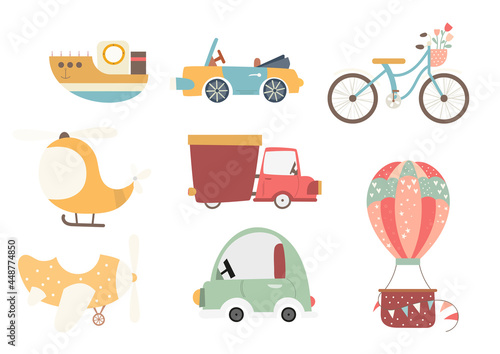 Retro Kids transport set on white background. Hand drawn. Doodle cartoon cars for nursery posters  cards  t-shirts. Vector illustration. Cars  bicycle  balloon  plane  helicopter  ship.