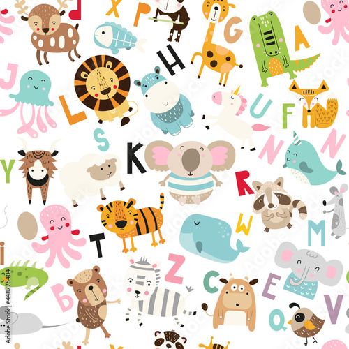 Fototapeta Naklejka Na Ścianę i Meble -  Animal alphabet seamless pattern kids print. Wallpaper design for baby nursery. Repeat fabric vector illustration.