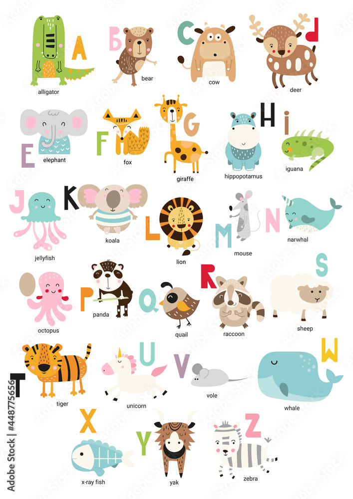 Fototapeta premium Cute Animals alphabet for kids education. A to Z poster for children. Vector illustration.