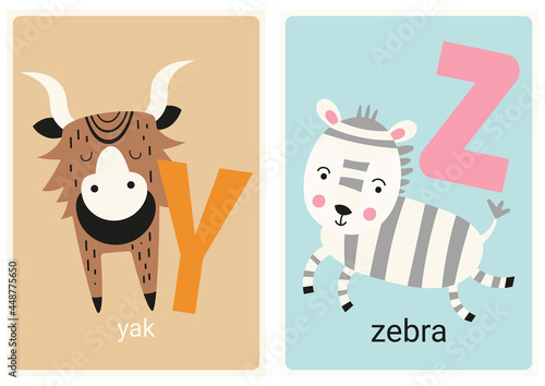 Alphabet cards for kids. Educational preschool learning ABC with animals yak, zebra and letters Y, Z. Vector illustration. © Nursery Art