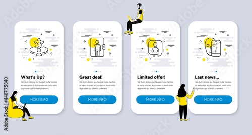 Vector Set of People icons related to Elevator, Developers chat and Vip table icons. UI phone app screens with people. Face biometrics line symbols. Vector