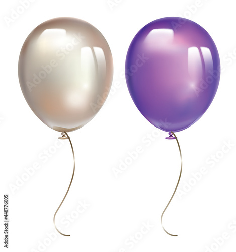Violet balloon and pearl balloon with reflects isolated on white background. Inflatable air flying balloon realistic 3D vector illustration.
