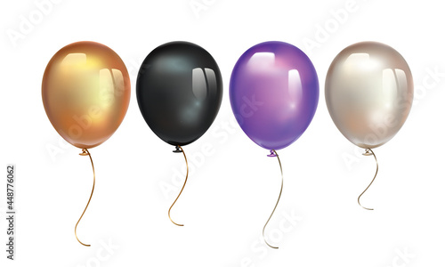 Gold, black, ultra violet balloon and pearl balloon with reflects isolated on white background. Birthday ballon set. Inflatable air flying balloon realistic 3D vector illustration.
