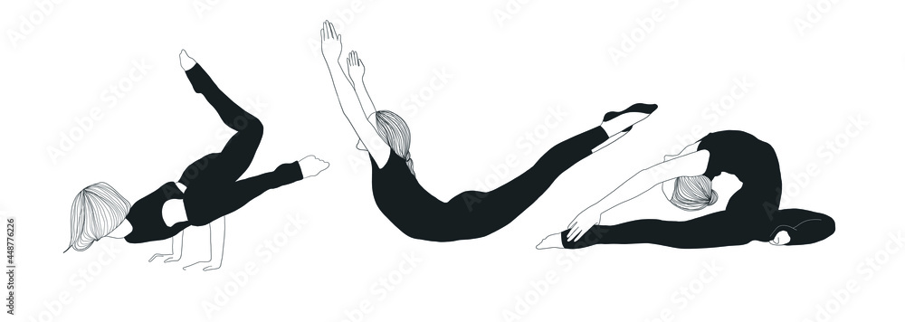 Set of woman doing yoga. Collection of female cartoon characters practice various yoga asanas isolated on white background. Meditative mental health. Peaceful and positive lifestyle. Hand drawn art. Set of woman doing yoga. Collection of female cartoon characters practice various yoga asanas isolated on white background. Meditative mental health. Peaceful and positive lifestyle. Hand drawn art.