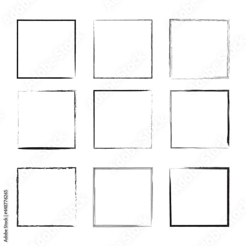Set of grunge frames.Black brush,ink strokes,square drawing decoration.Abstract hand made stripes.Add text or image to the center.Isolated.Vector illustration.