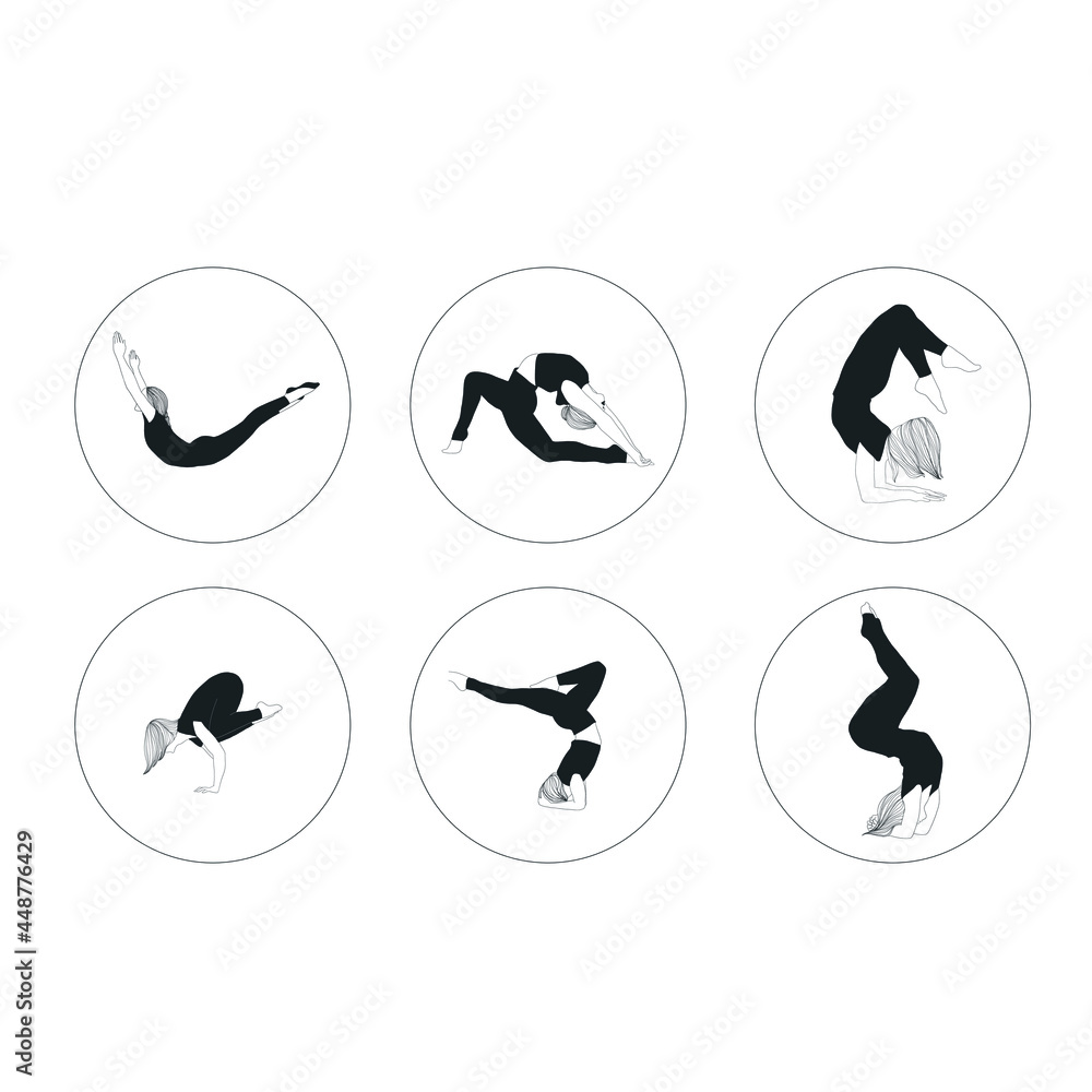 Set of woman doing yoga. Collection of female cartoon characters practice various yoga asanas isolated on white background. Meditative mental health.  Peaceful and positive lifestyle. Hand drawn art. 