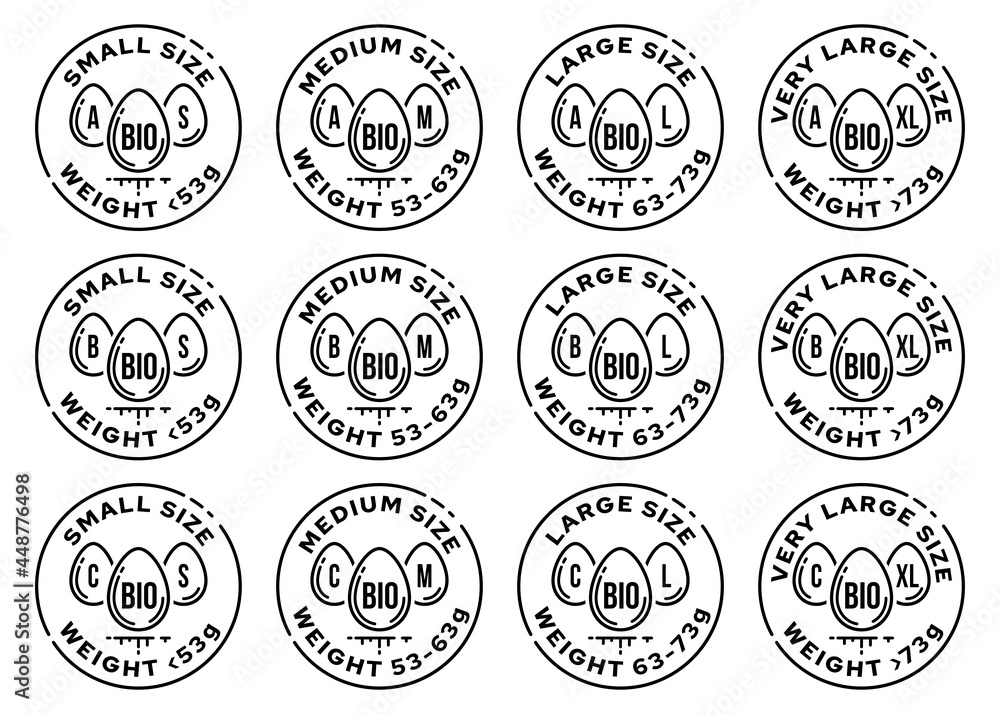 Set of conceptual product stamps. Egg marking. Categories of eggs by variety, by weight. Packing symbols. Vector elements.