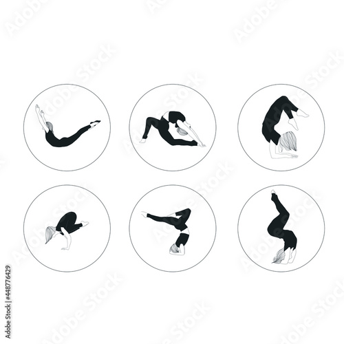 Set of woman doing yoga. Collection of female cartoon characters practice various yoga asanas isolated on white background. Meditative mental health. Peaceful and positive lifestyle. Hand drawn art. 