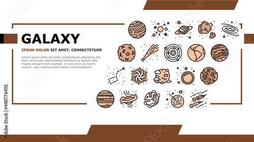 Galaxy System Space Landing Web Page Header Banner Template Vector. Milky Way Galaxy Planet And Sun, Falling Star And Constellation, Moon And Earth Illustration