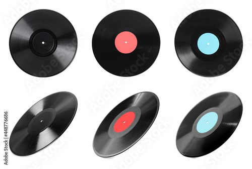 Schilderij op canvas Black vintage vinyl records on white background