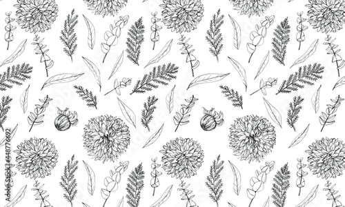 Patrón vectorizado de flores sobre fondo blanco, dahlias o dalias