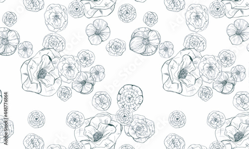 Patrón vectorizado de flores sobre fondo blanco, rosas y flores de mocan 